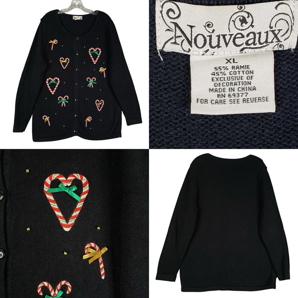 Vtg Nouveau 90s Ugly Christmas Sweater Cardigan Women’s XL Embroidered Candy